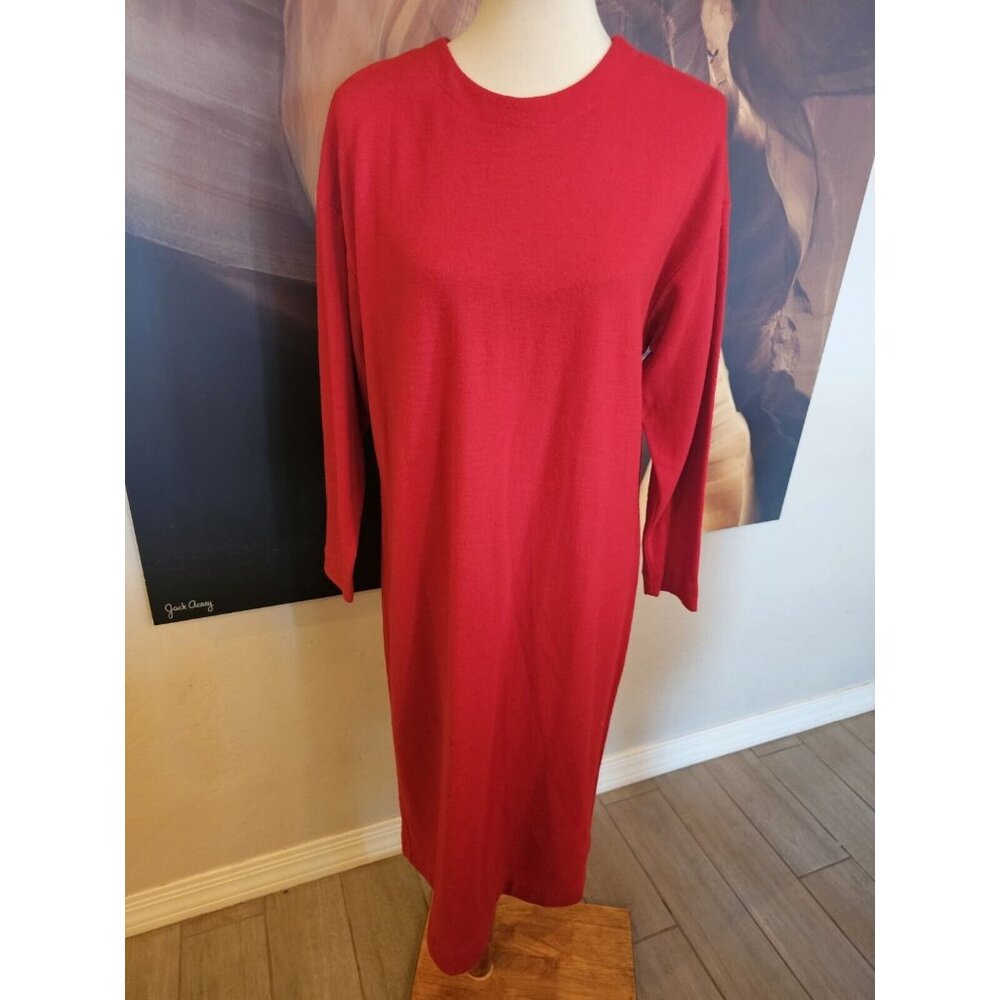 Lands' End Red Wool Midi Dress 3/4 Sleeve Vintage Women's 16 Petite